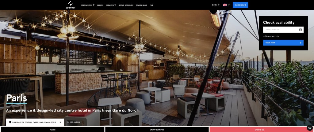 screenshot of the Generator Paris hostels in paris homepage
