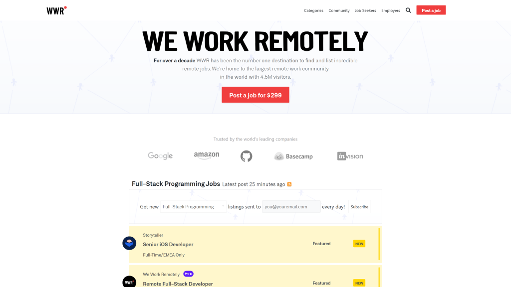 screenshot of the We work Remotely homepage