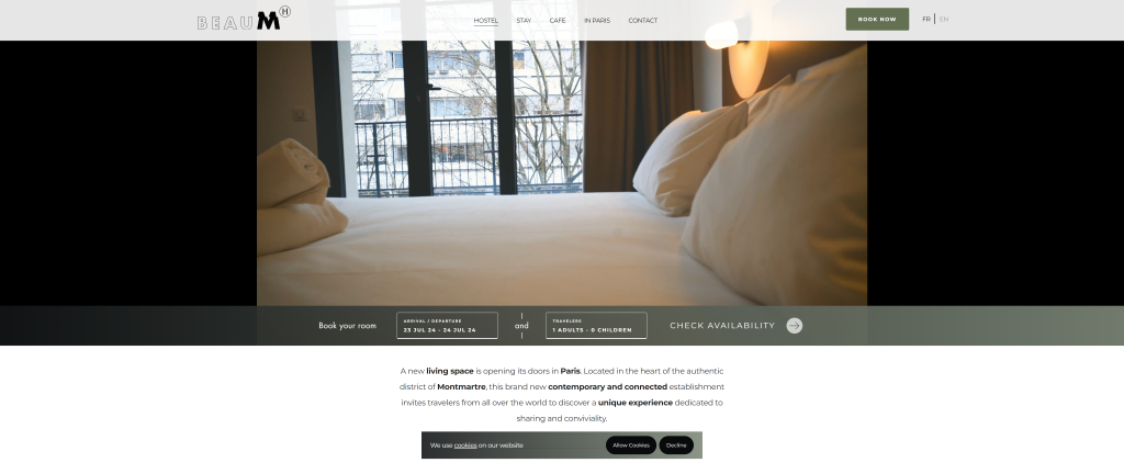 screenshot of the Beau M hostels in paris homepage