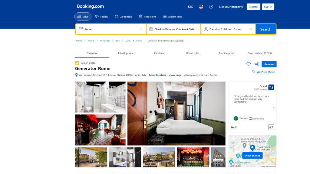 screenshot of the generator hostels in rome homepage