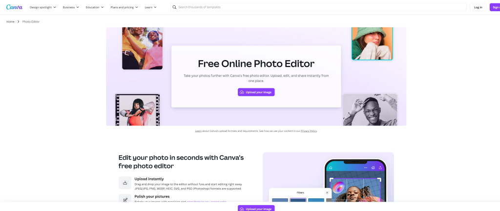 screenshot of the canva best free photo editing app homepage