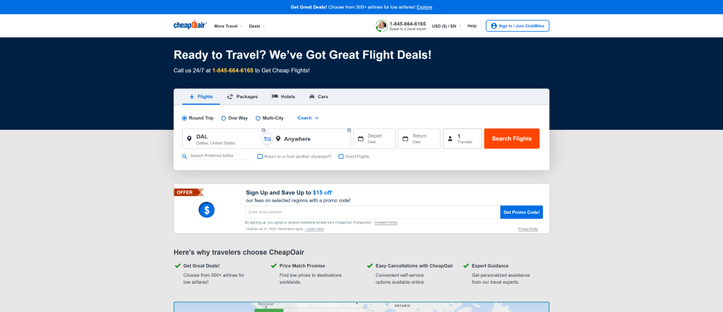 screenshot of the CheapOAir best flight booking sites homepage