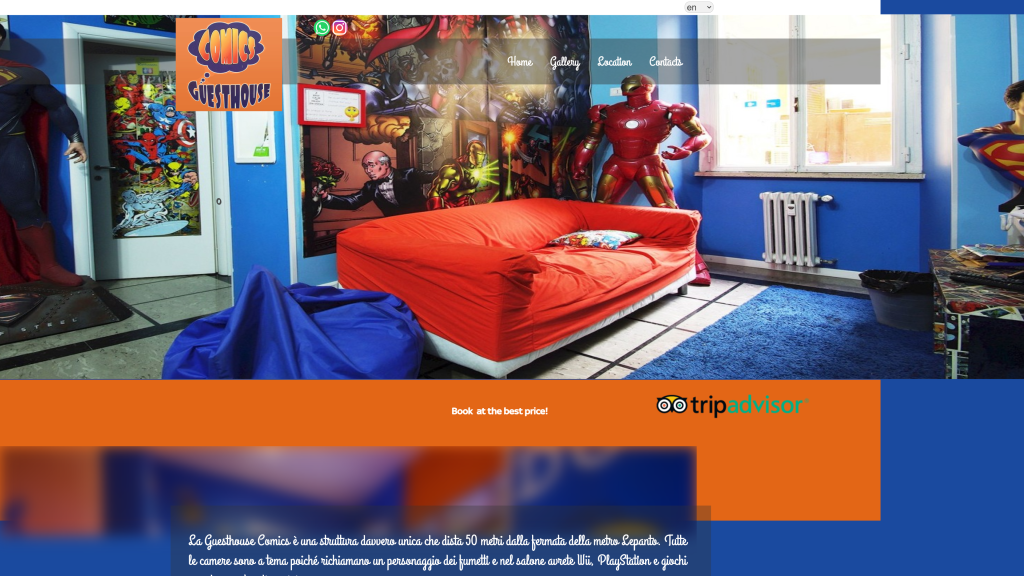 screenshot of the Comics guest house hostels in rome homepage