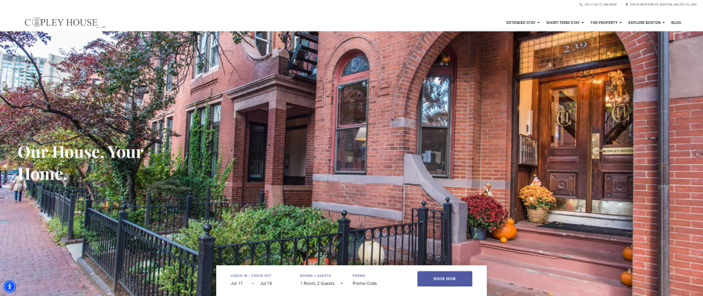 screenshot of the Boston Copley House where to stay in boston homepage