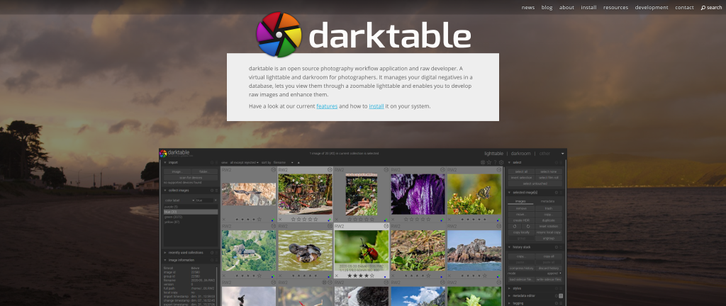 screenshot of the Darktable homepage