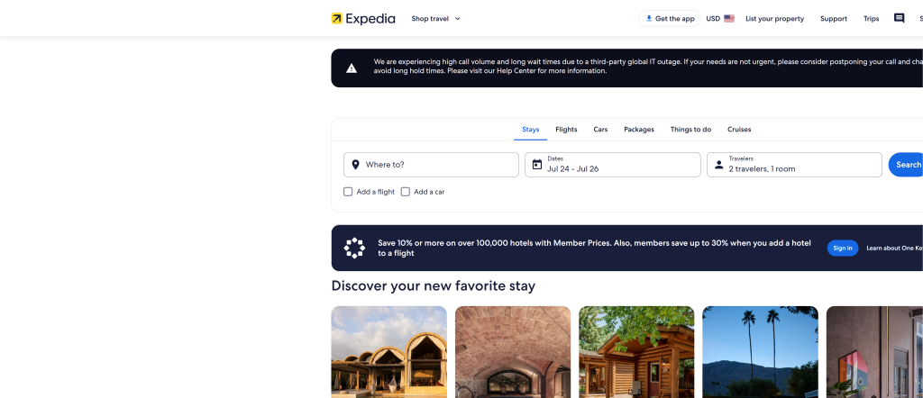 screenshot of the Expedia homepage