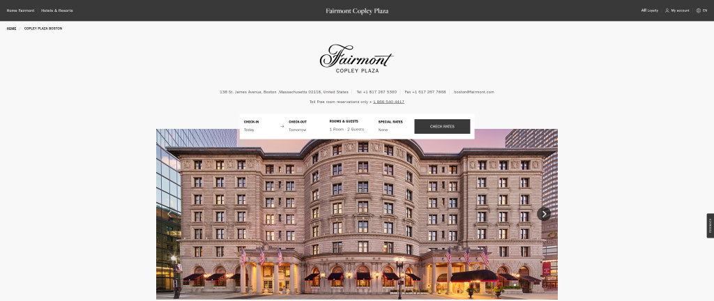 screenshot of the Fairmont Copley Plaza homepage