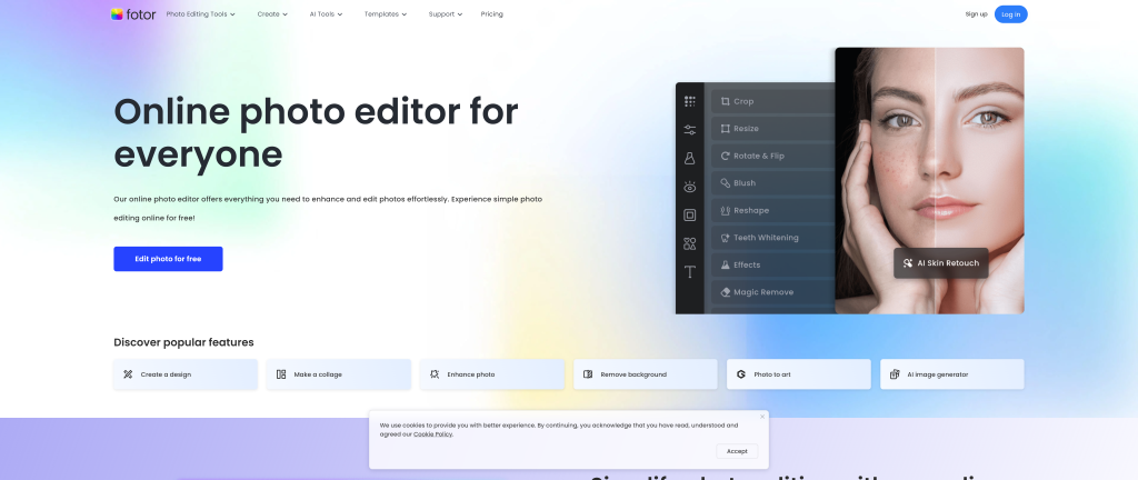 screenshot of the Fotor Photo Editor best photo editing software free homepage