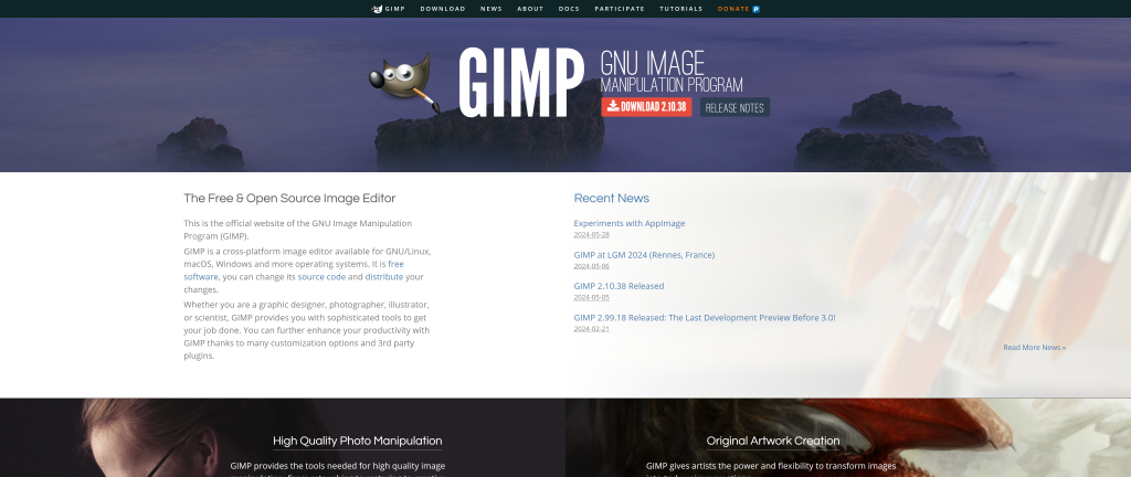 screenshot of the GIMP homepage