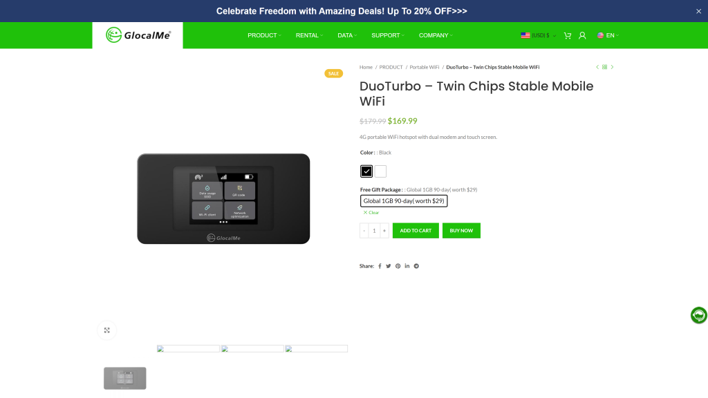screenshot of the GlocalMe DuoTurbo 4G LTE Mobile Hotspot homepage