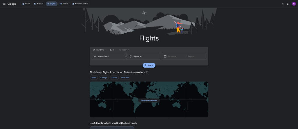 screenshot of the Google Flights best flight booking sites homepage