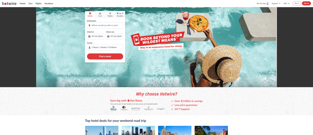 screenshot of the Hotwire  best flight booking sites homepage 