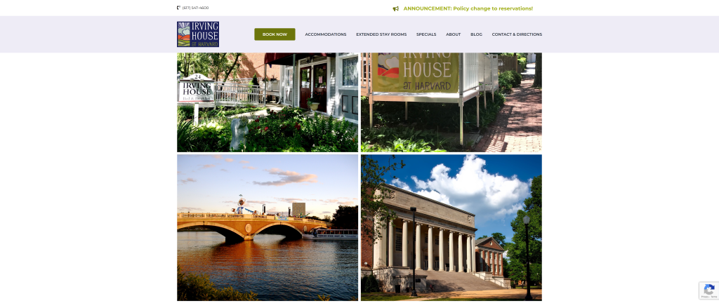screenshot of the Irving House at Havard homepage