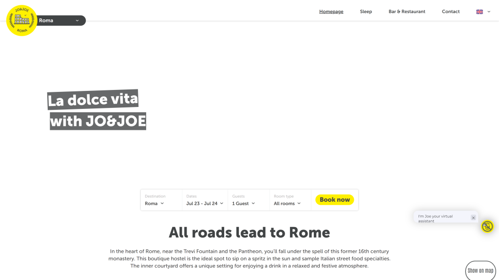 screenshot of the jo and joe hostels in rome homepage