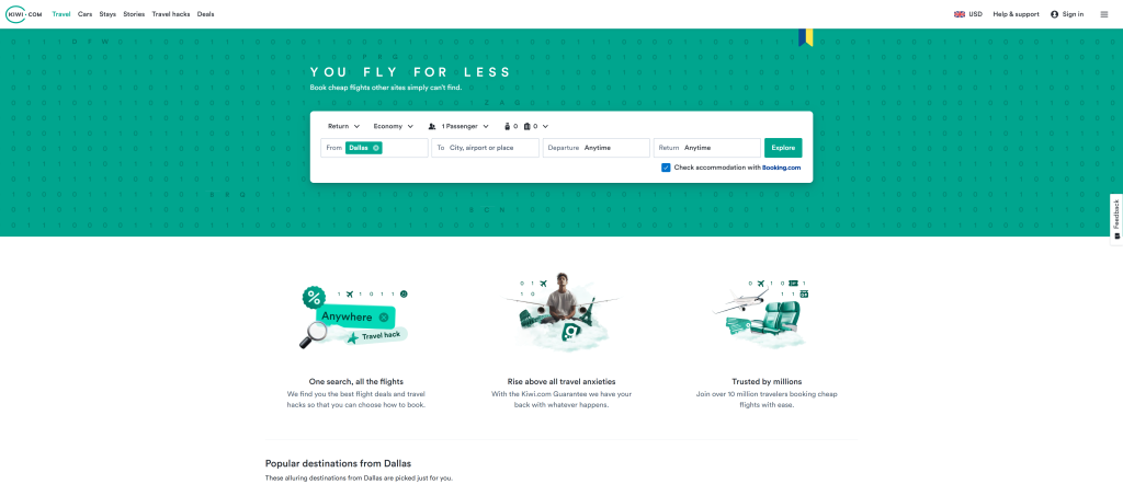 screenshot of the Kiwi best flight booking sites homepage
