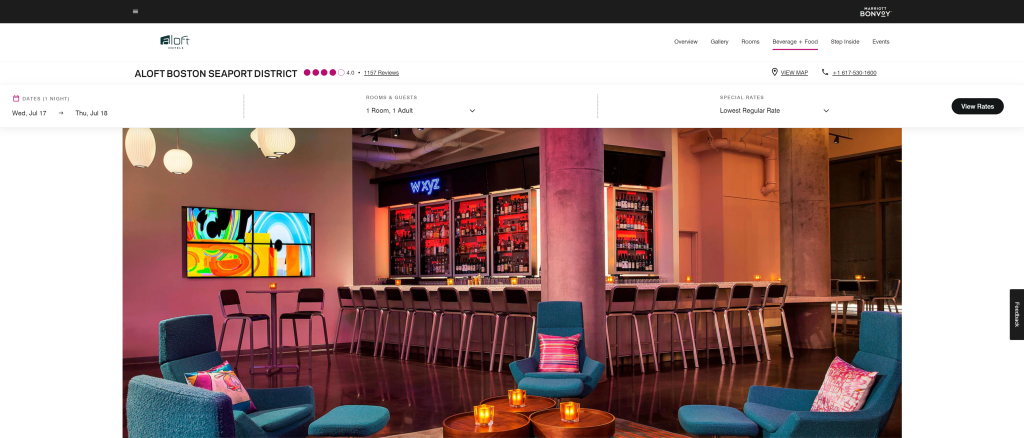 screenshot of the Aloft Boston Seaport District homepage