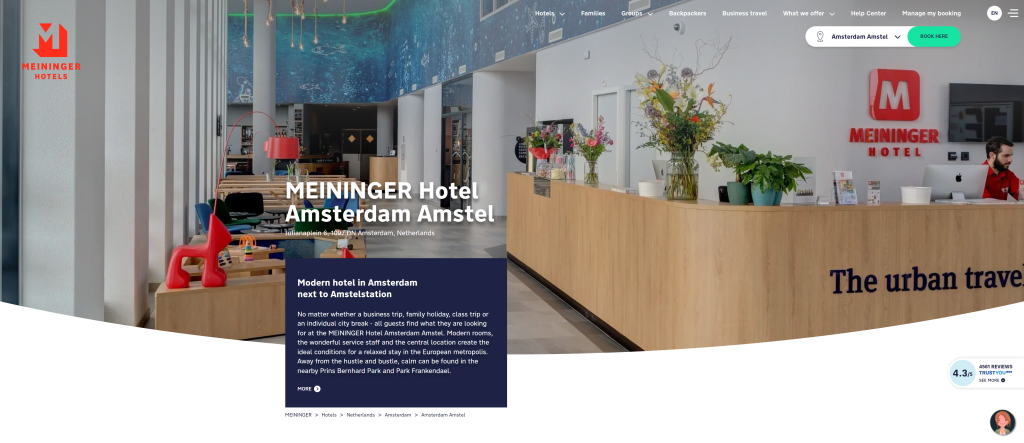 screenshot of the Meininger Amsterdam Hostels homepage