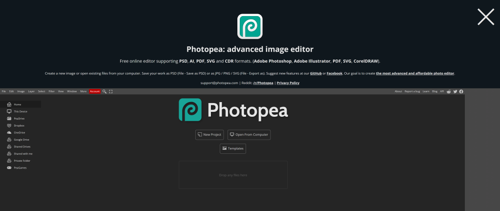 screenshot of the Photopea homepage