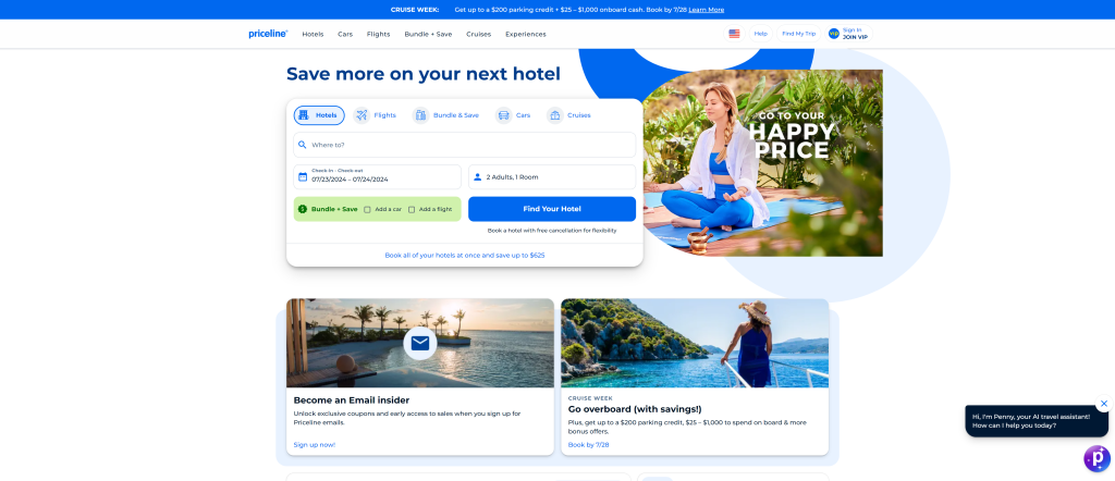 screenshot of the priceline homepage