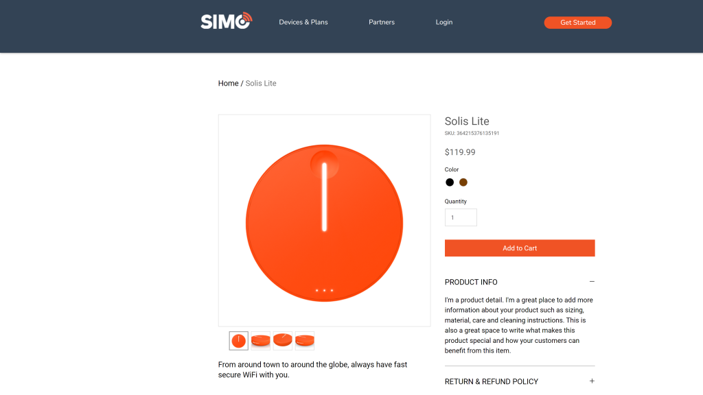 screenshot of the Simo Solis Lite wifi hotspot devices unlimited data homepage