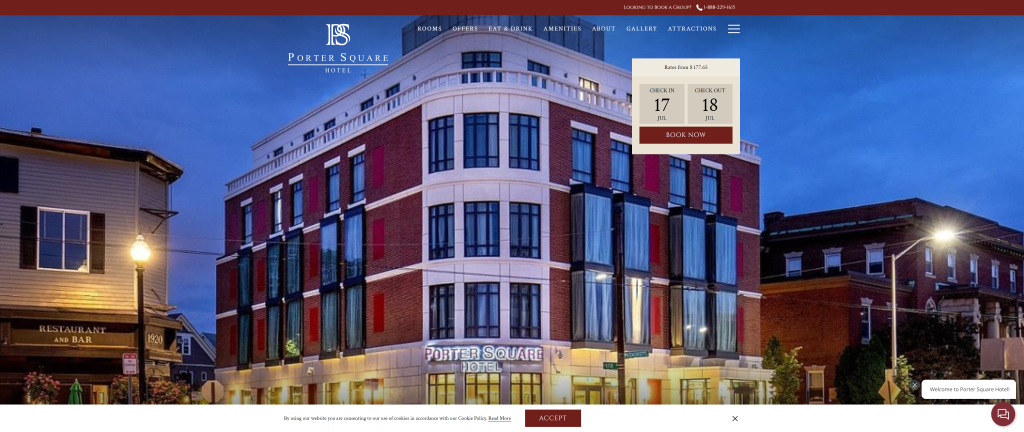 screenshot of the Porter Square Hotel where to stay in boston homepage