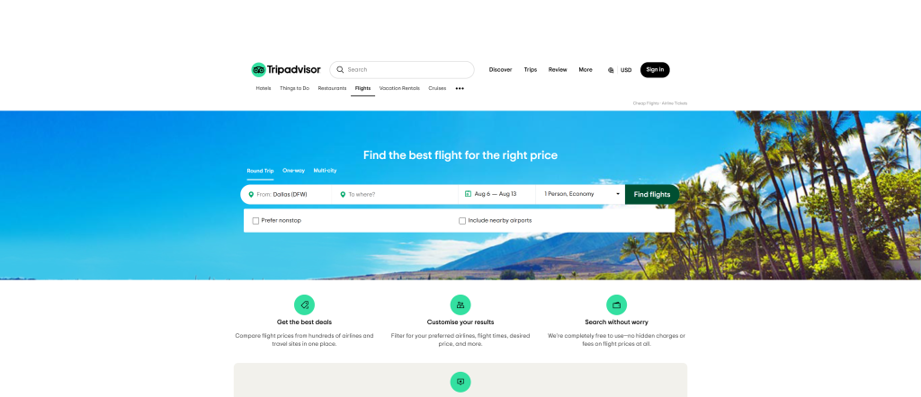 screenshot of the Tripadvisor homepage