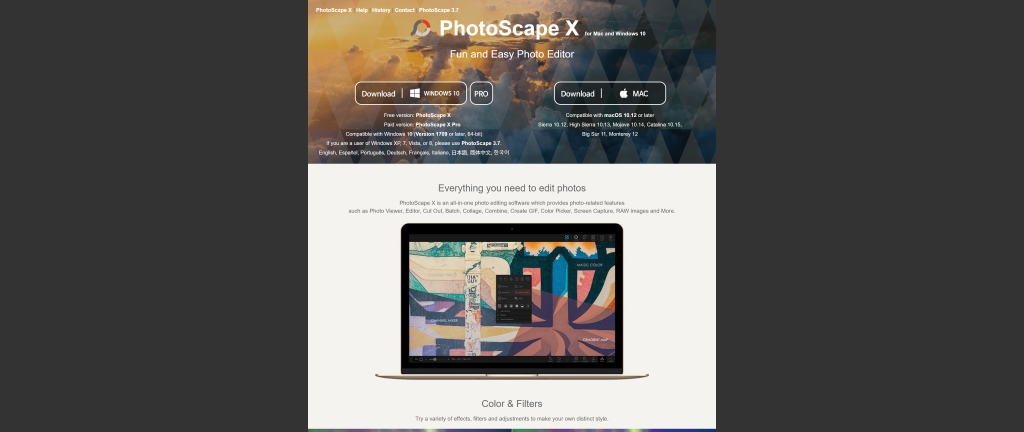 screenshot of the Photoscape X best photo editing software free homepage