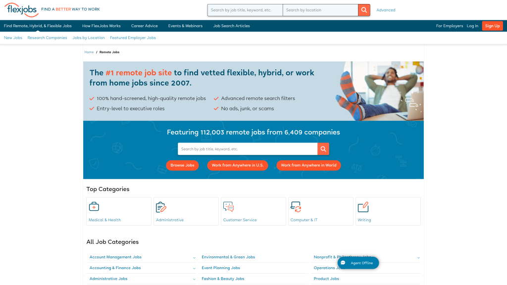 screenshot of the flexjobs homepage