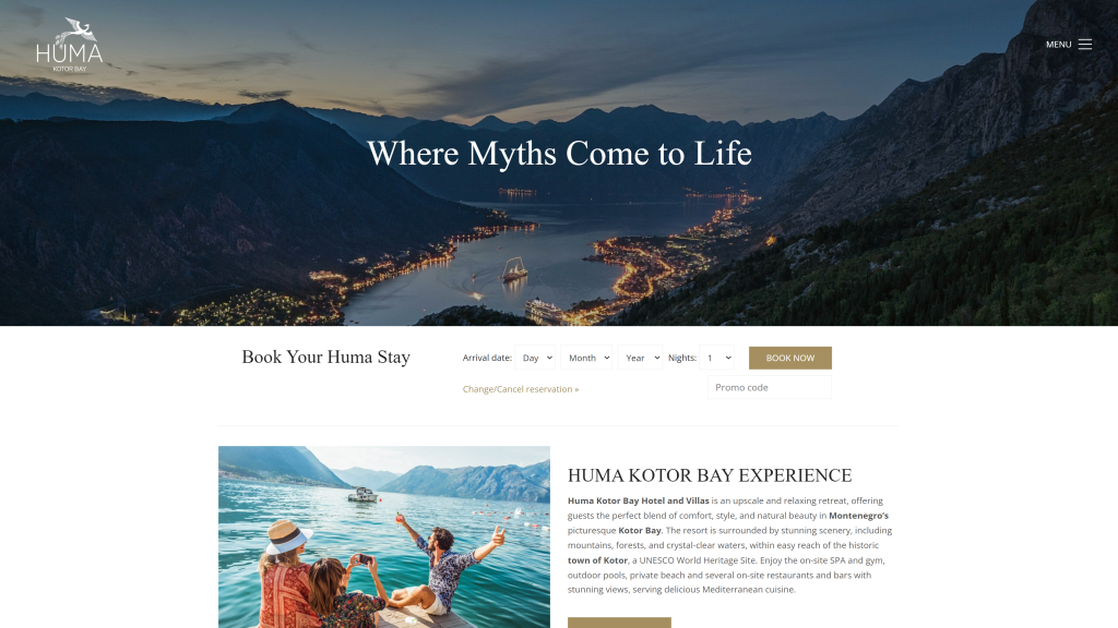 screenshot of the  HUMA Kotor Bay Hotel and Villas homepage