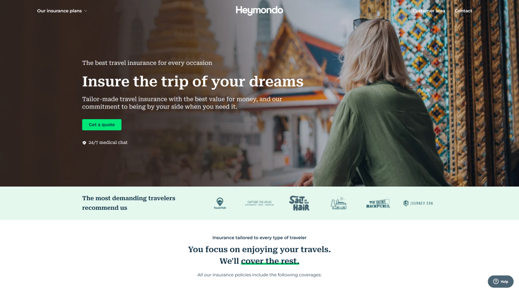 screenshot of the Heymondo travel nomad insurance homepage