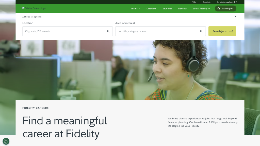 screenshot of the fidelity investments best work at home companies homepage