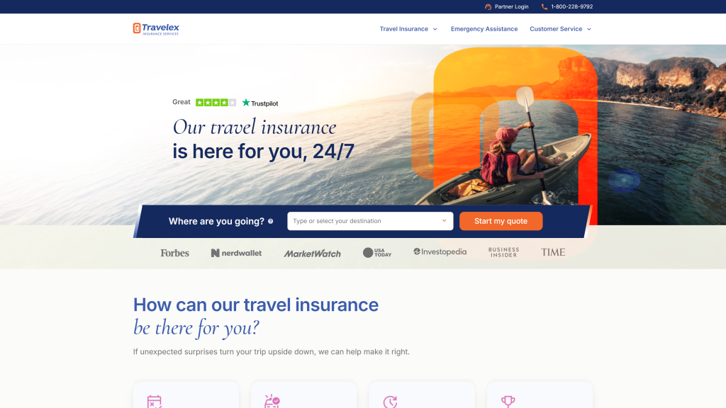 screenshot of the Travelex Insurance homepage