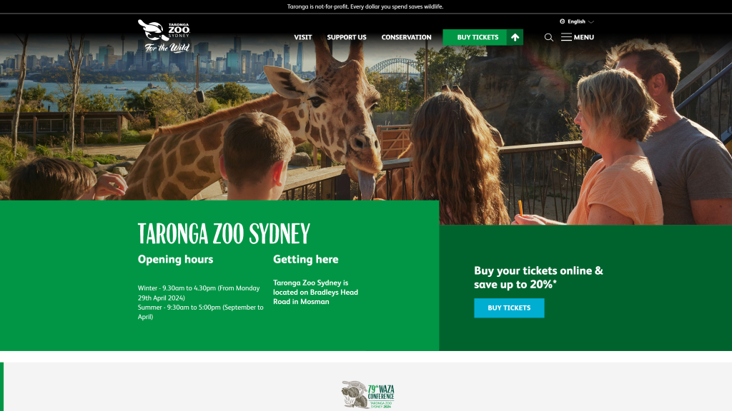 screenshot of the taronga homepage