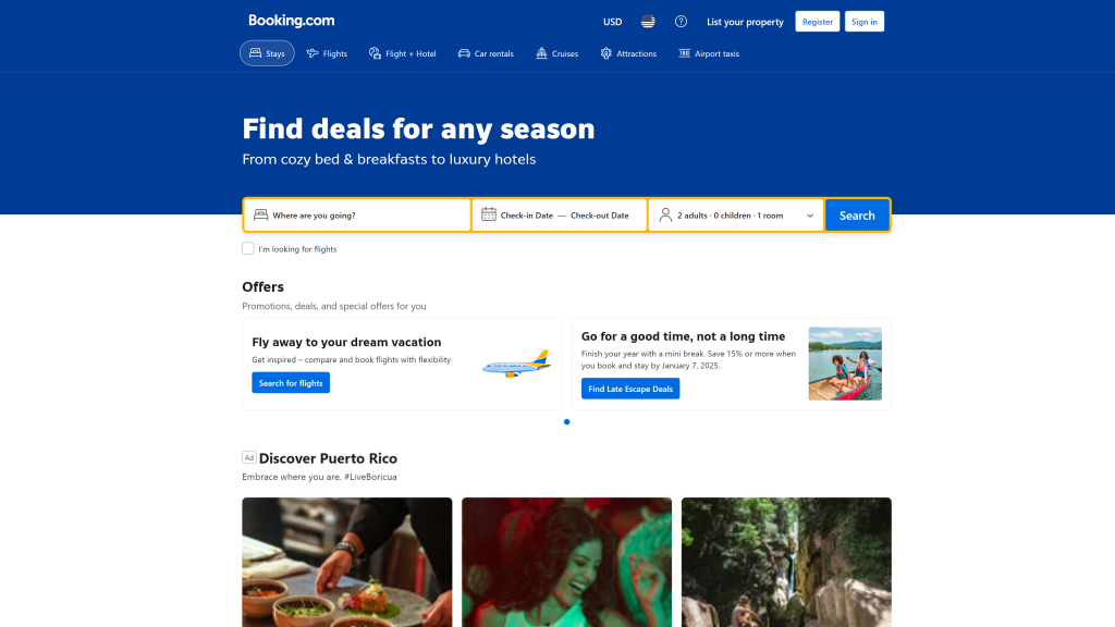 screenshot of booking.com alternatives to airbnb homepage