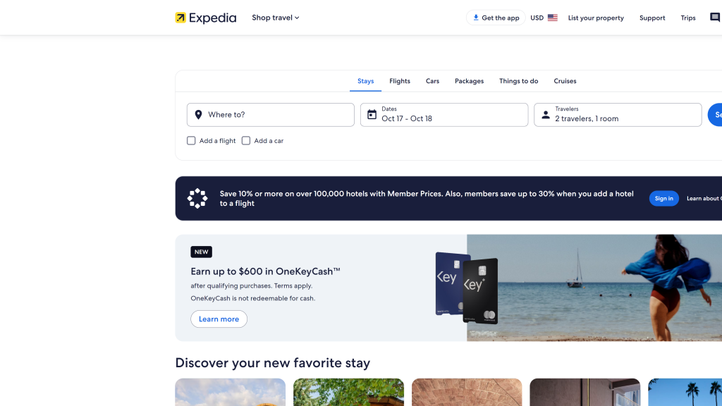 screenshot of the Expedia homepage