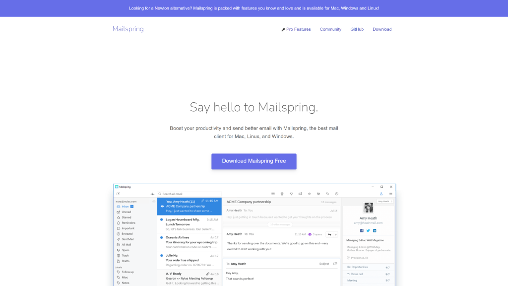 screenshot of the Mailspring homepage