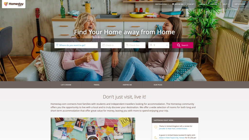 screenshot of the Homestay homepage