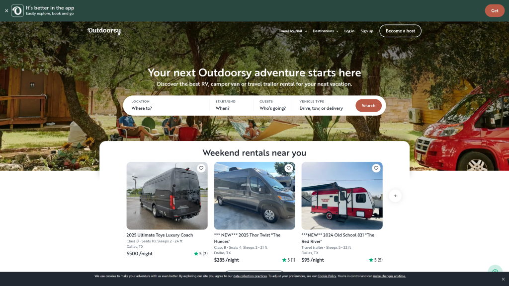 screenshot of the Outdoorsy homepage