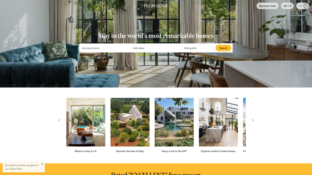screenshot of the Plum Guide alternatives to airbnb homepage