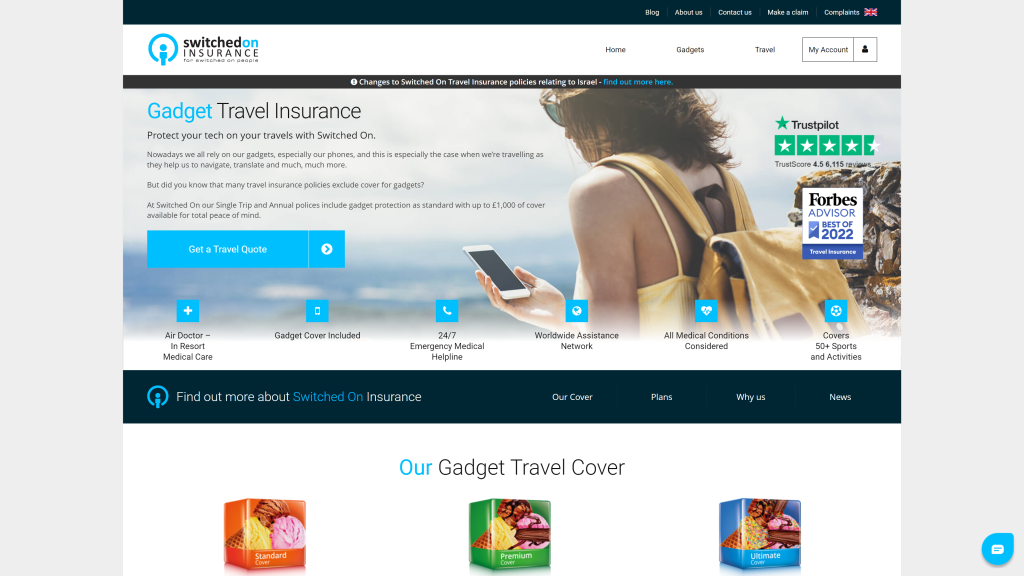 screenshot of the Switched On Gadget Travel Insurance homepage