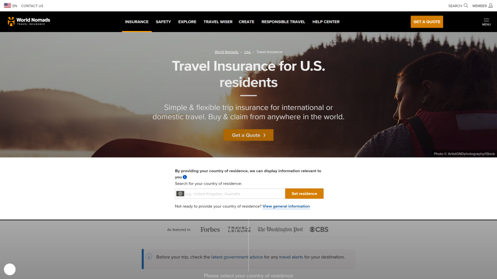 screenshot of the World Nomads travel nomad insurance homepage