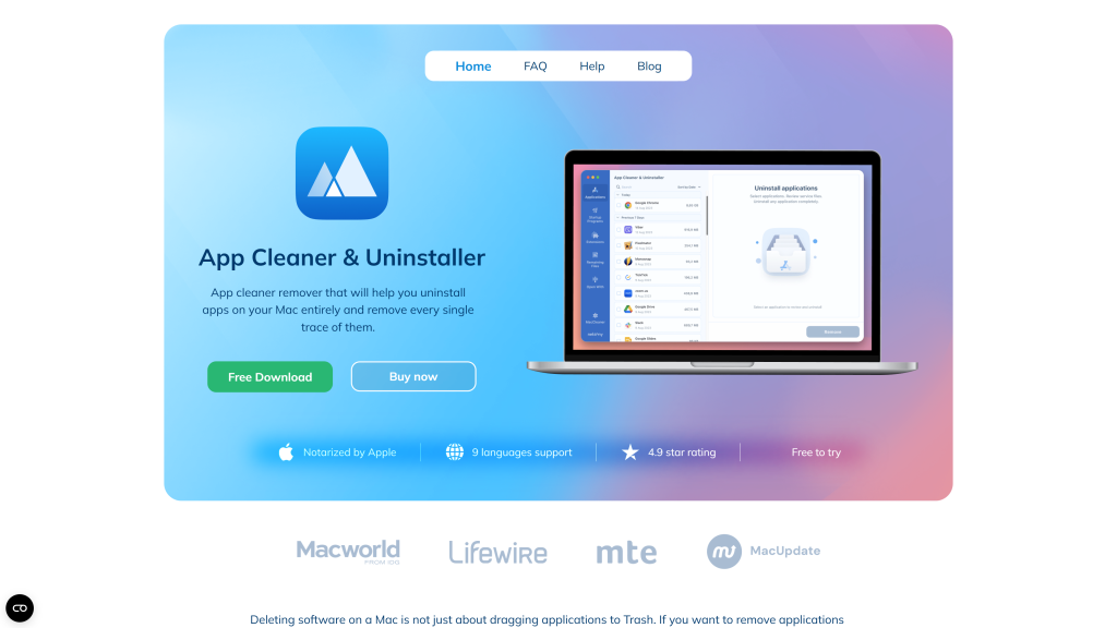 screenshot of the App Cleaner & Uninstaller best mac cleaner software free homepage