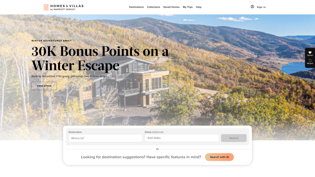 screenshot of the Marriott Homes and Villas alternatives to airbnb homepage