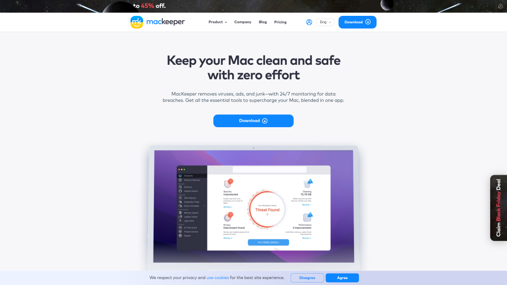 screenshot of the MacKeeper Cleaner App best mac cleaner software free homepage