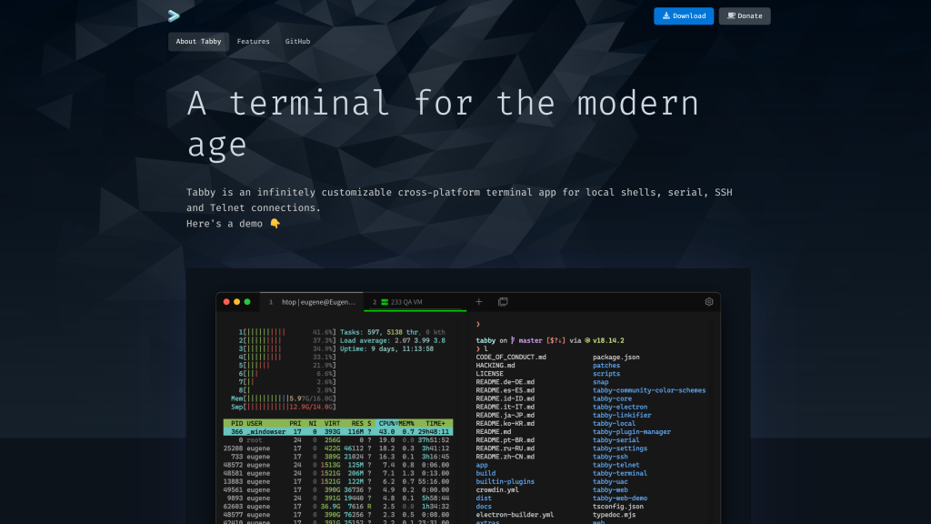 screenshot image of tabby best terminal for mac homepage