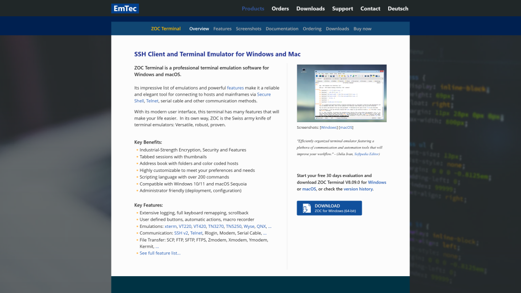 screenshot image of ZOC  best terminal for mac homepage