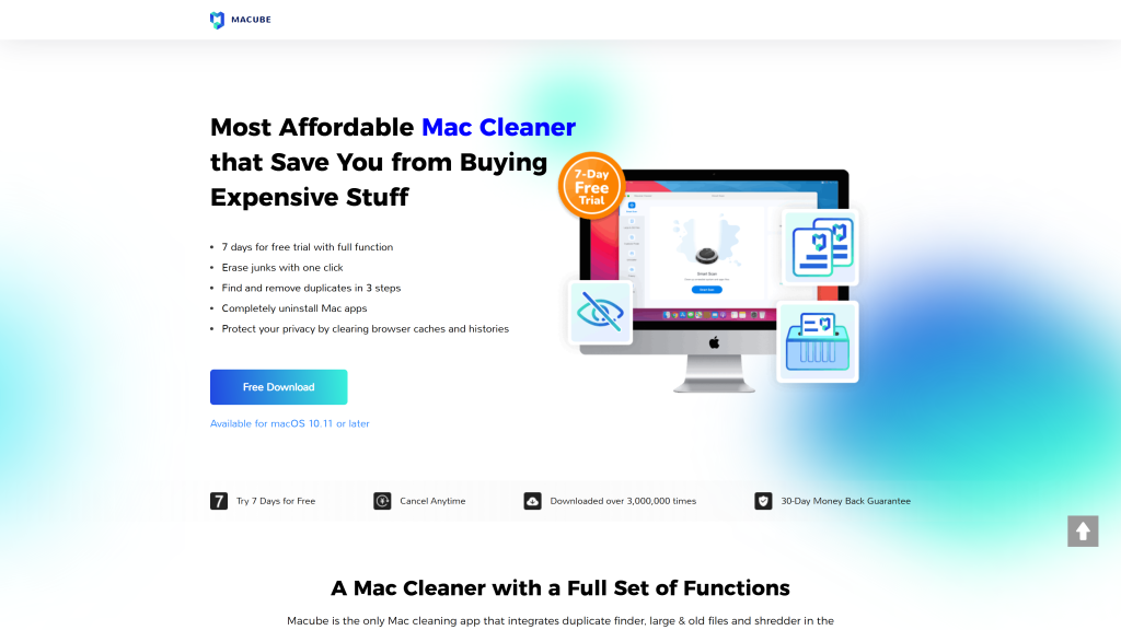 screenshot of the Macube Cleaner best mac cleaner software free homepage