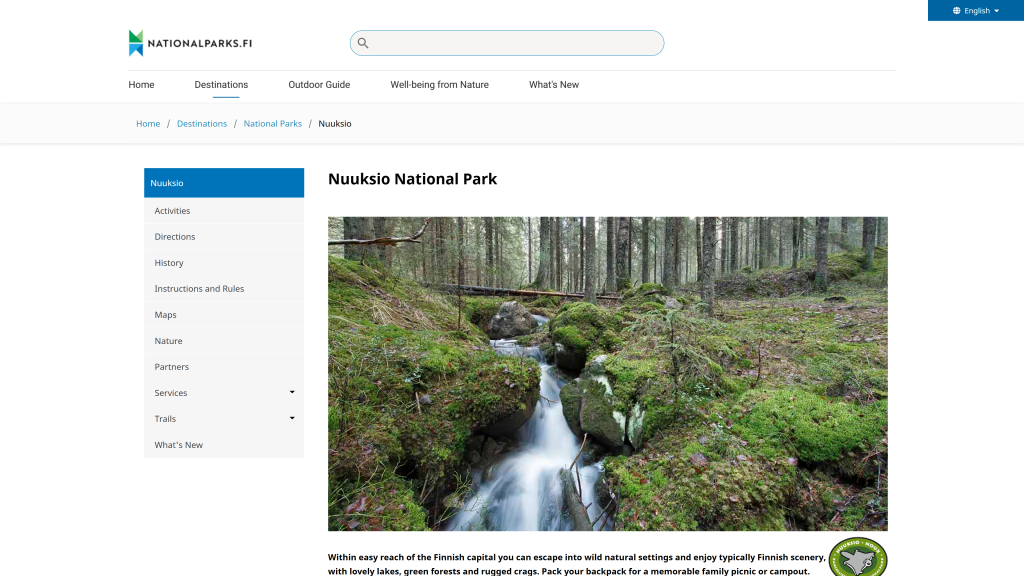 screenshot of the Nuuksio National Park homepage