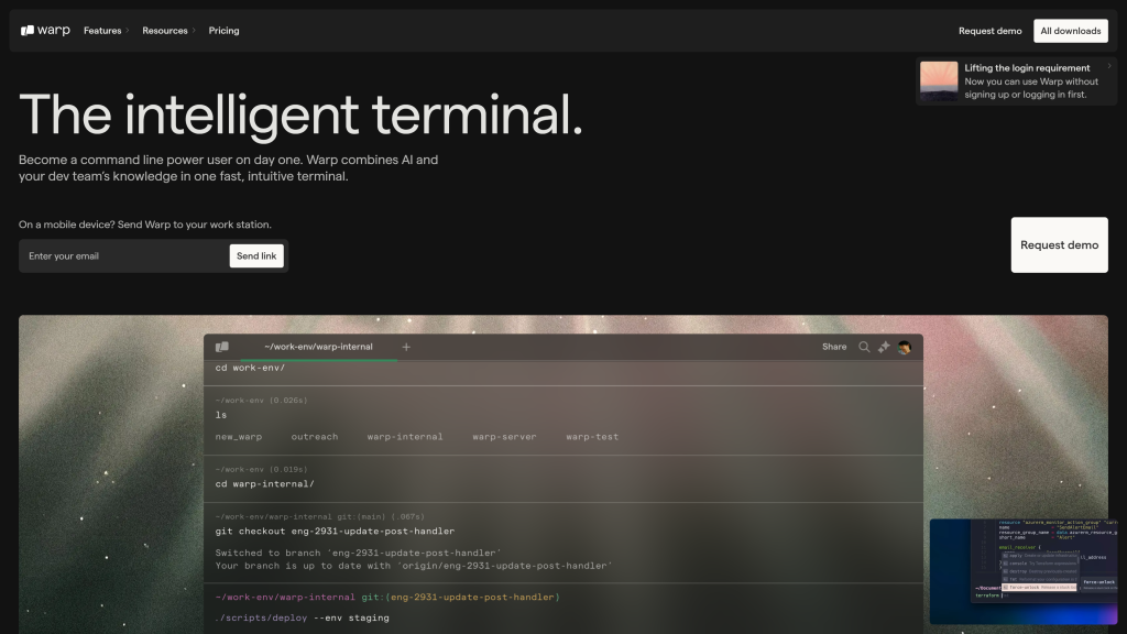 screenshot image of warp homepage