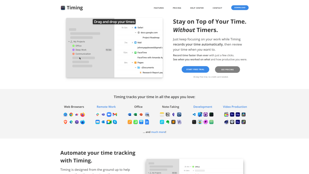 screenshot of the timing homepage